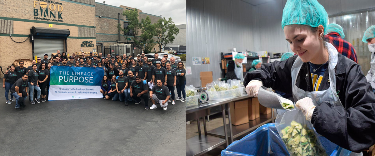 Images côte à côte montrant Lineage bénévoles travaillant à l’intérieur et à l’extérieur d’une banque alimentaire