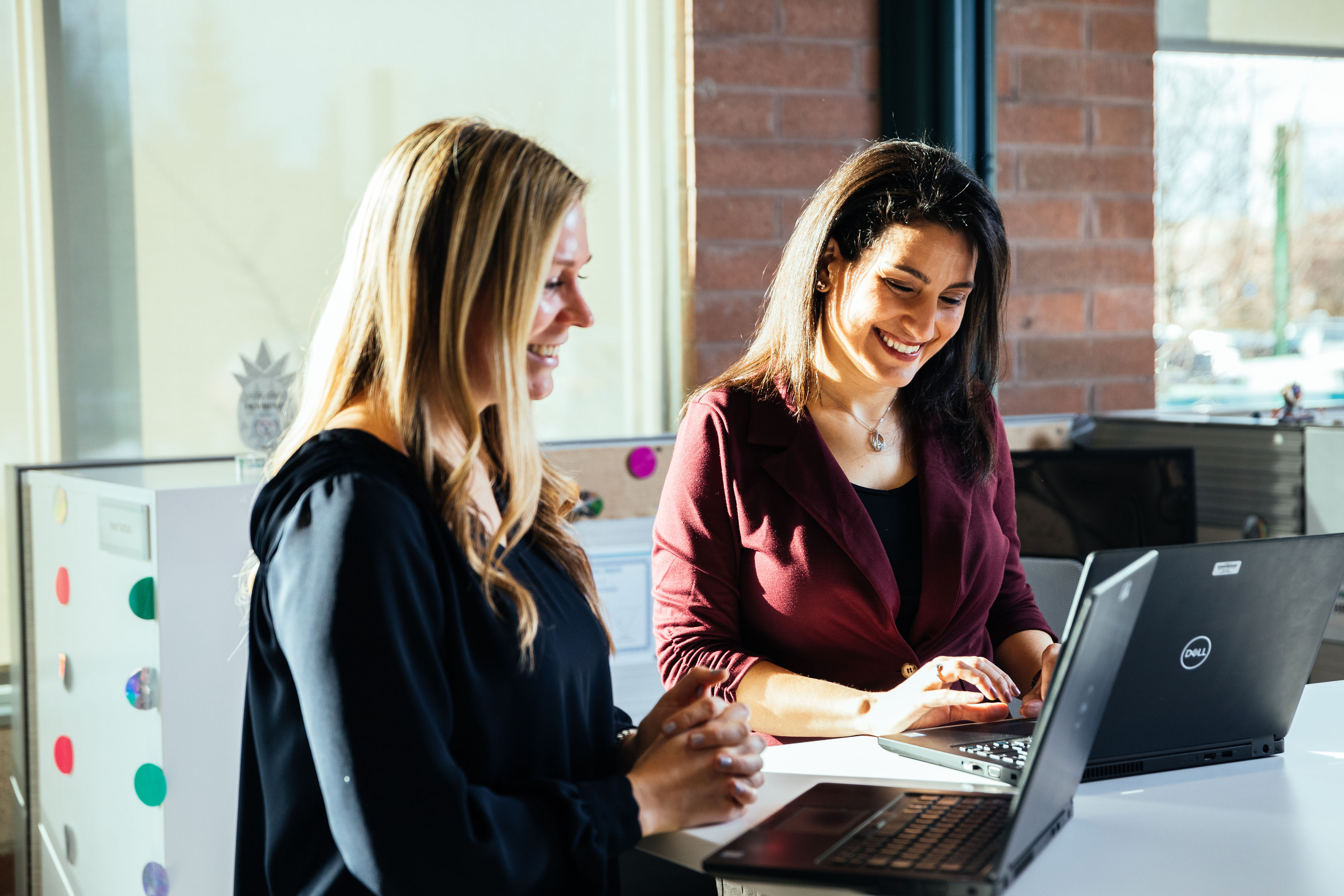 Women working together standup desks