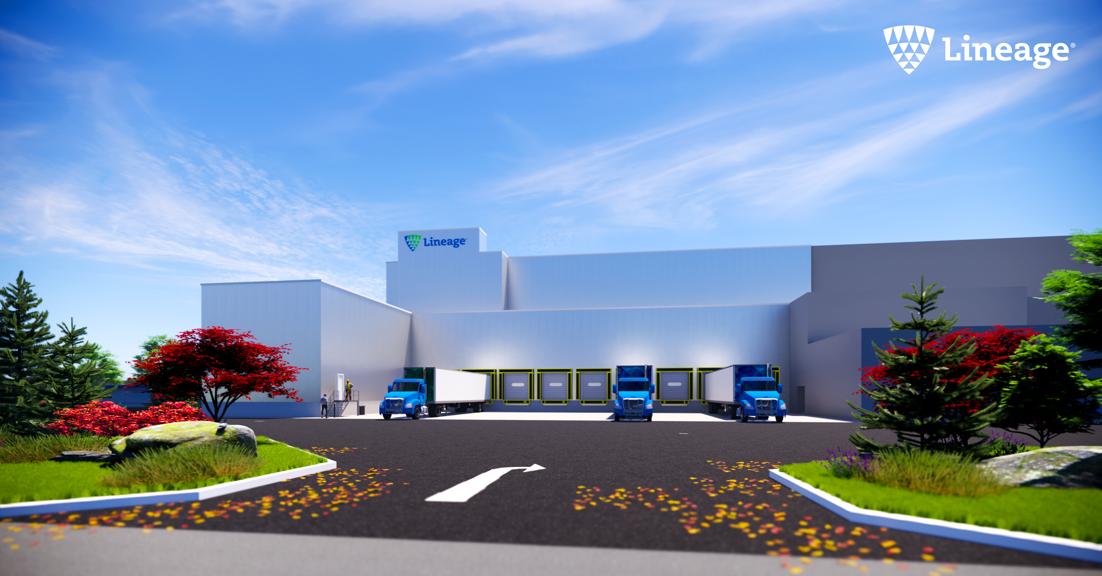 An architectural rendering of Lineage's Calgary Foothills site shows the building with three semi trailers parked at loading docks