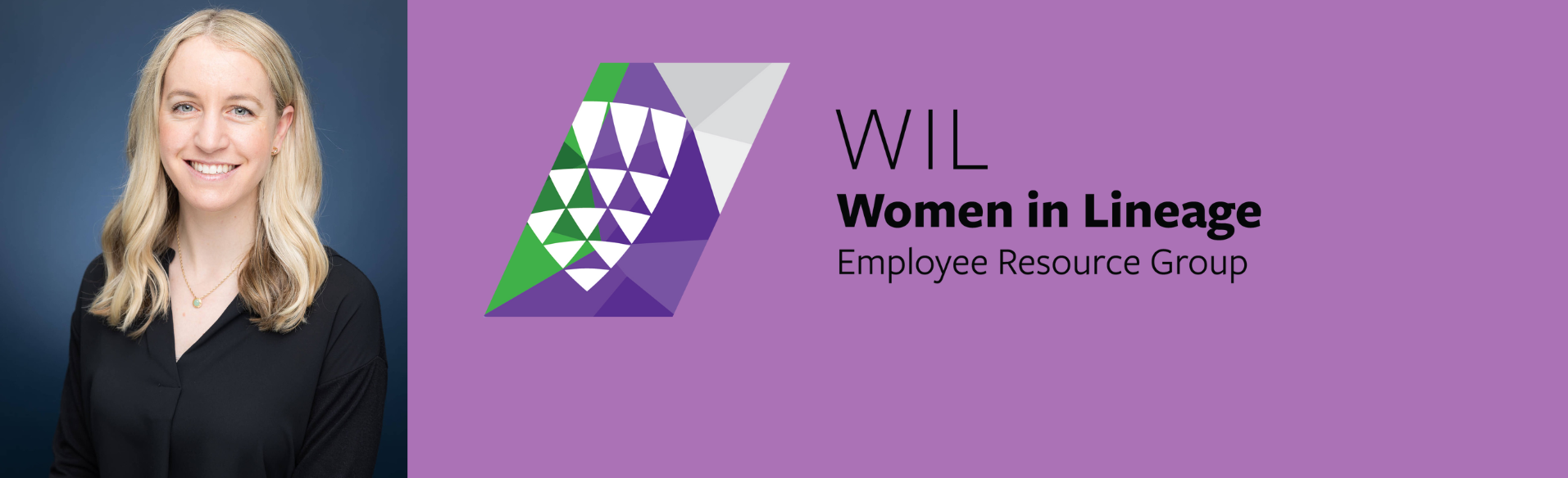 A professional portrait of Caitlin Voegele, Director of Data Science Strategy at Lineage, next to the logo for the Women in Lineage Employee Resource Group.