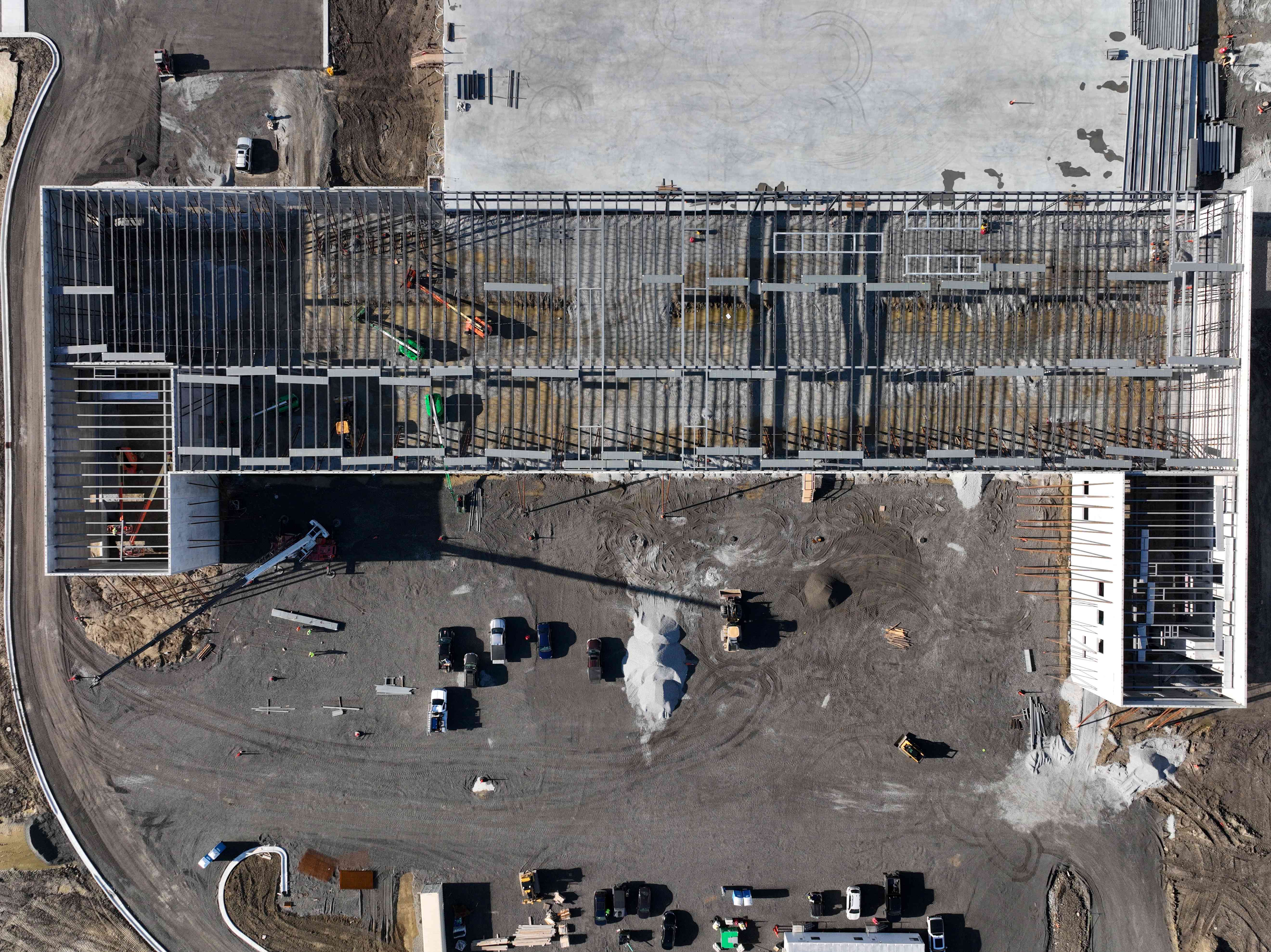 A drone shot from the top down of the new Lineage cold storage warehouse in Hobart, Indiana