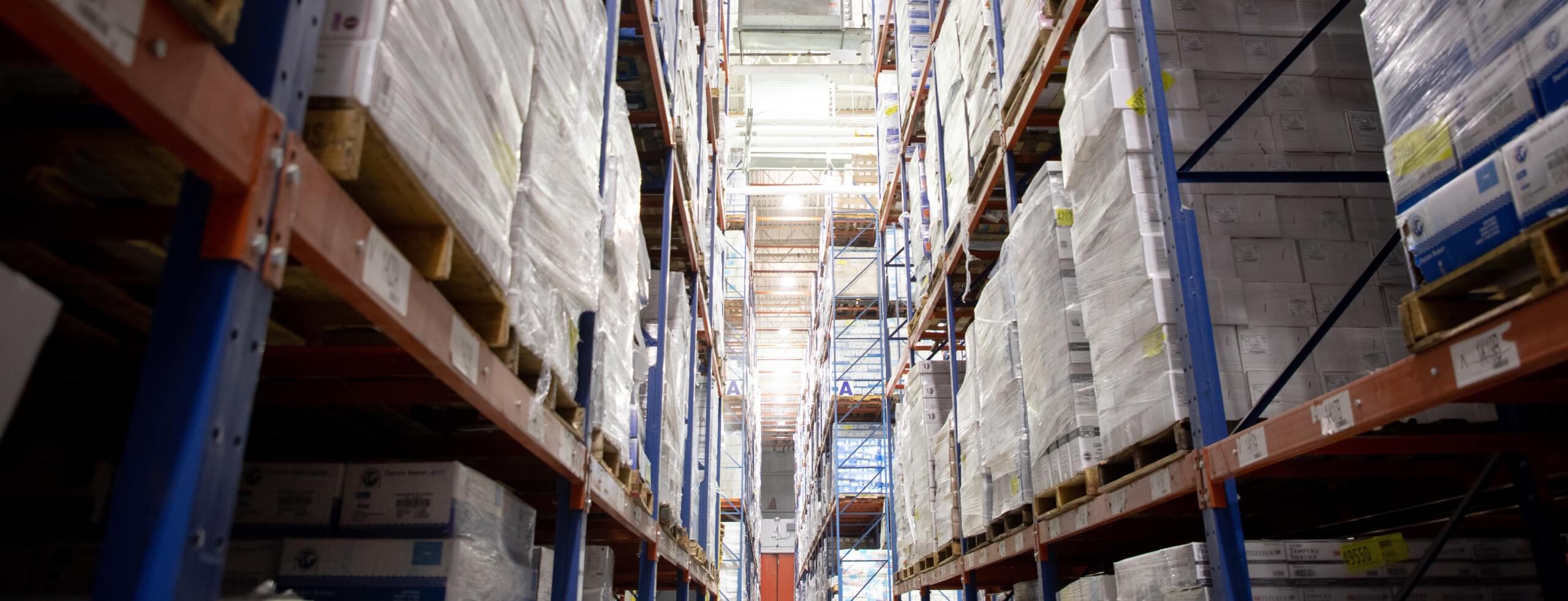 Filas de palés en un depósito aduanero, mostrando soluciones de almacenamiento organizadas para mercancías importadas bajo supervisión aduanera.