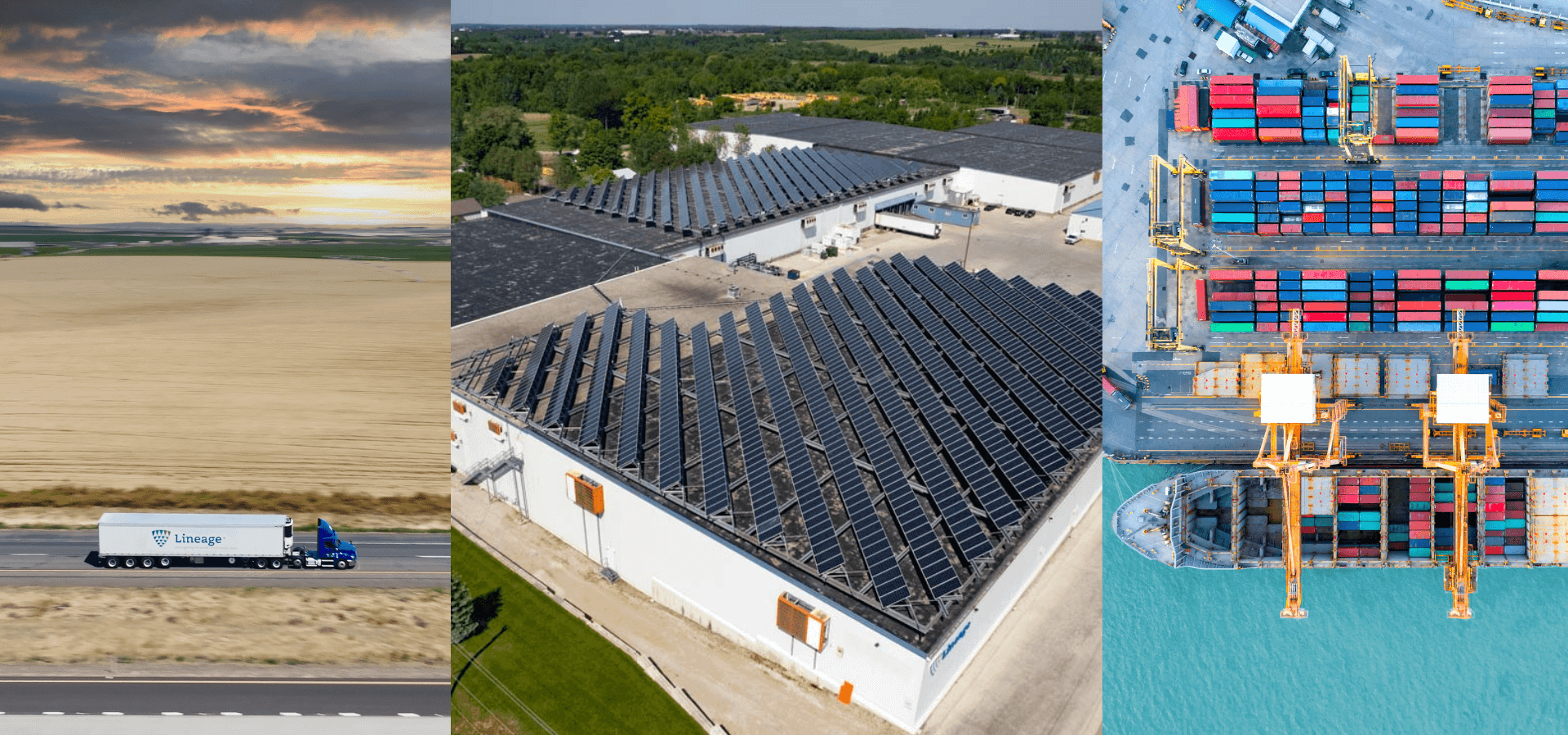 Collage de las operaciones de la cadena de frío canadiense de Lineage Logistics, que incluye un camión frigorífico, un almacén alimentado con energía solar y una vista aérea del puerto con contenedores de carga.