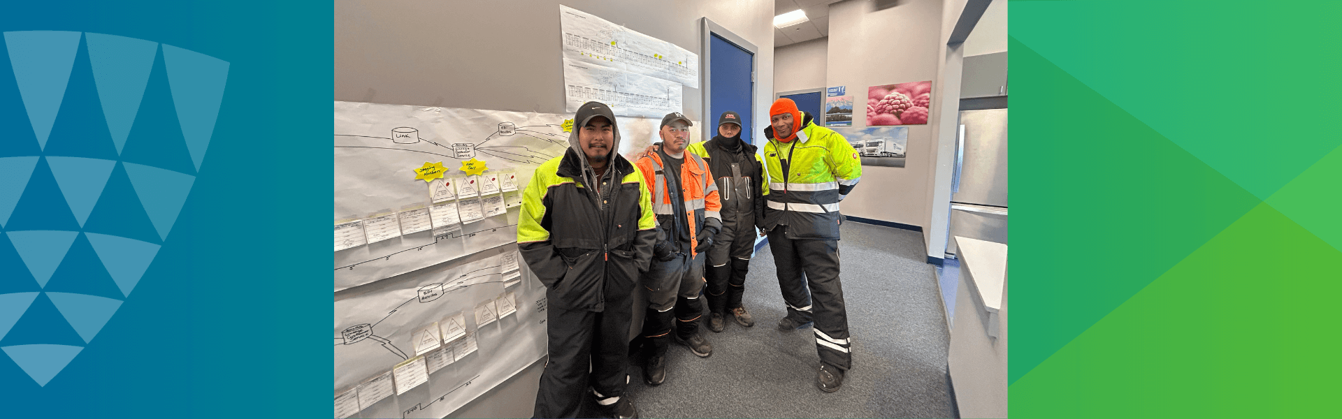 Cuatro miembros del equipo Lineage en las instalaciones de Dallas Dynasty se muestran orgullosos delante de un mapa de procesos de un evento Kaizen, que muestra sus esfuerzos de mejora continua.