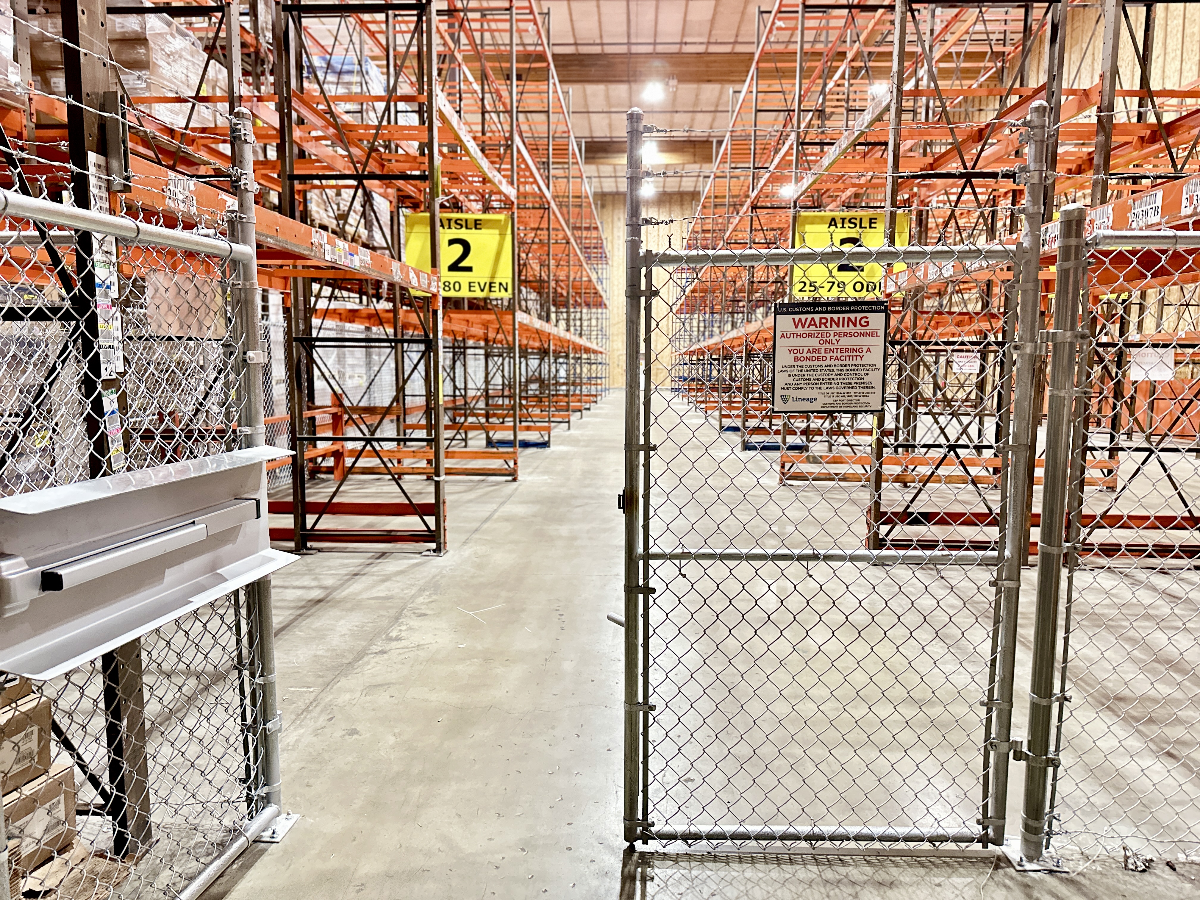 An inside view of a cold storage warehouse with customs bonded space