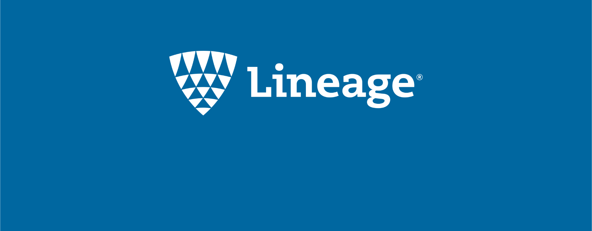 A white Lineage logo with wordmark and shield over a blue background