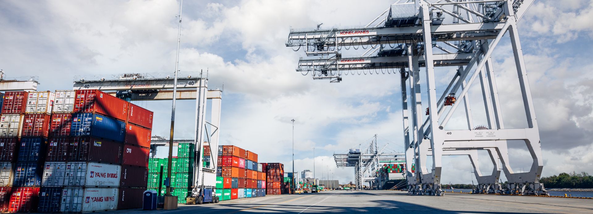 A busy U.S. port with stacked shipping containers and large cranes loading a cargo vessel, illustrating import logistics and cold chain activity.
