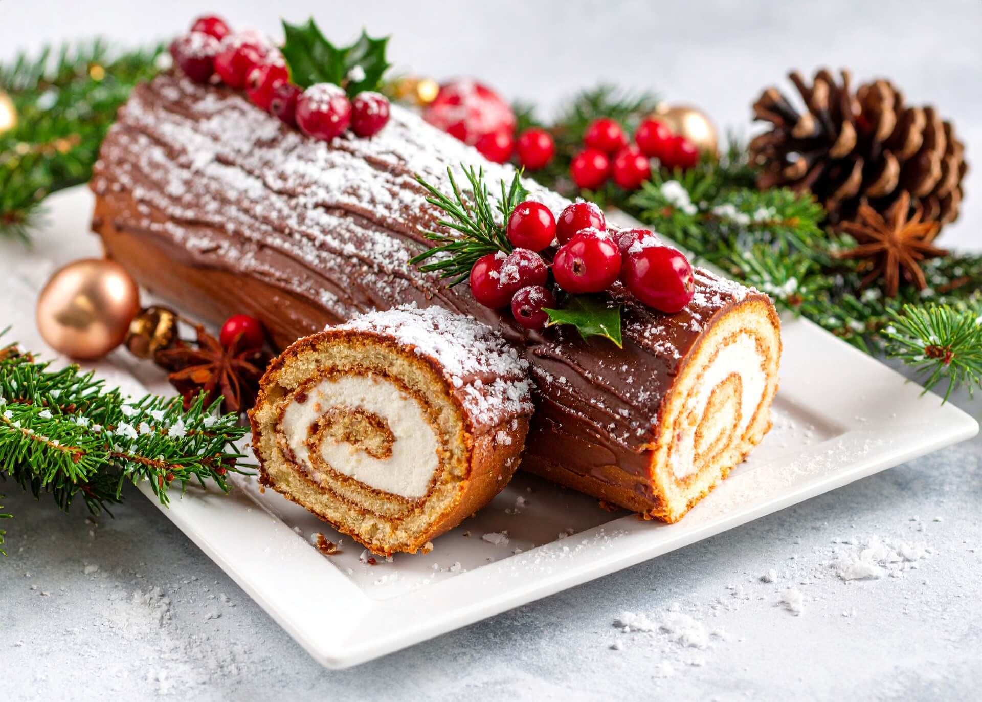 A chocolate yule log cake decorated with cranberries, holly and powdered sugar on a holiday-themed plate.