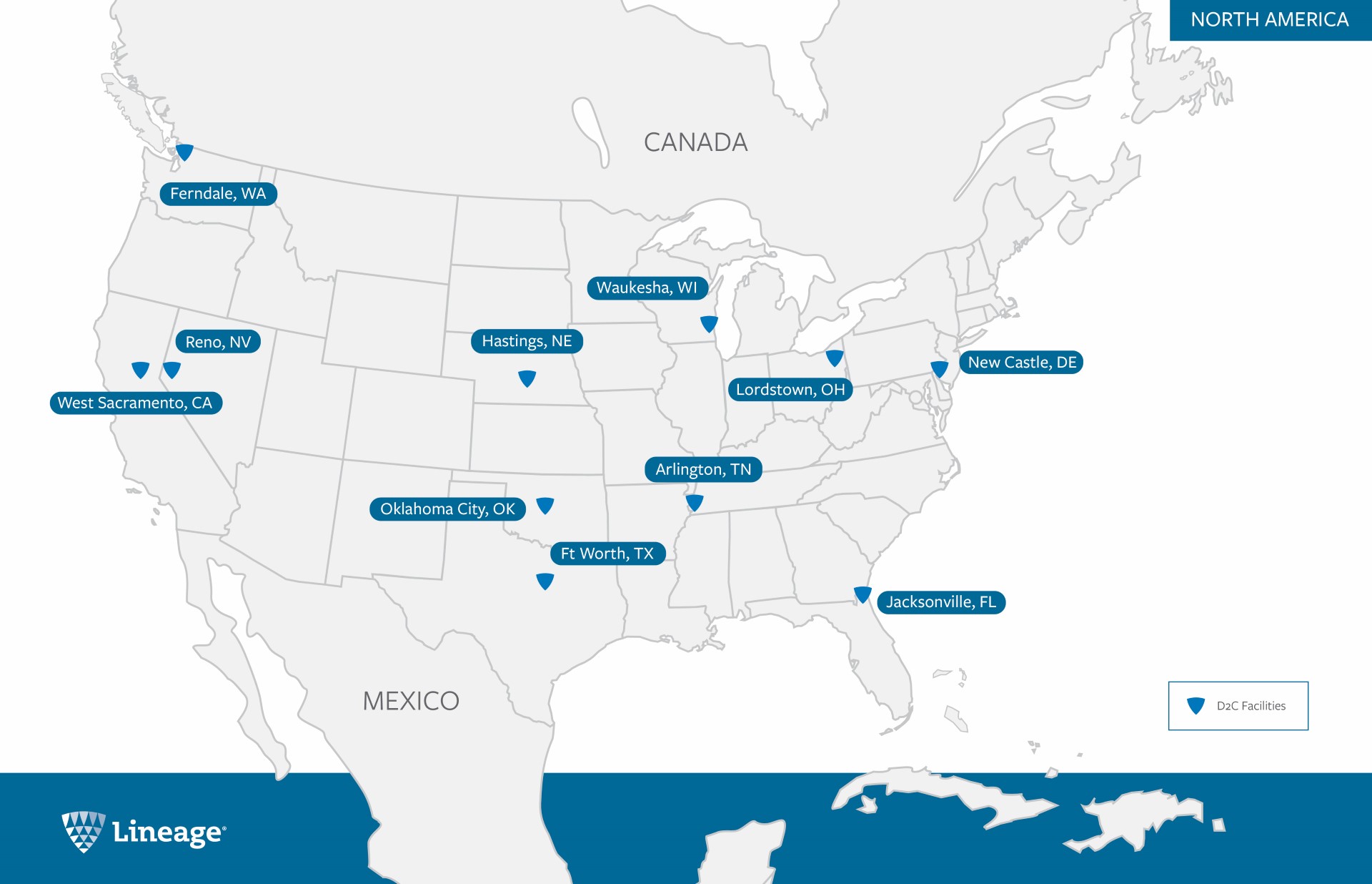 Map of Lineage direct-to-consumer facilities across the United States and Canada.