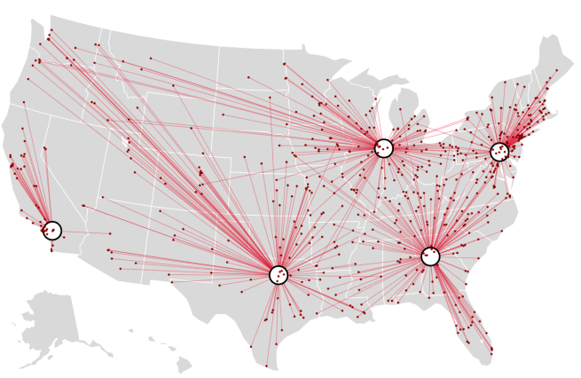 Map of the United States showing distribution routes used in a supply chain network analysis