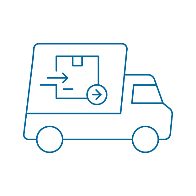 Icon of a delivery truck with package and arrows representing consolidation and specialized delivery services.