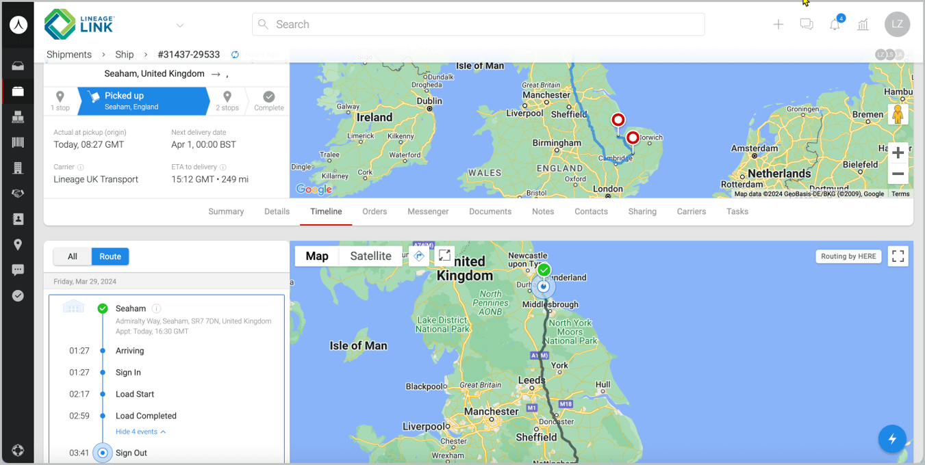 Screenshot showcasing Lineage Link visibility for customers shipping food products in the UK and Europe.