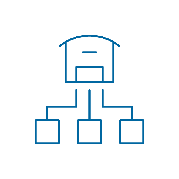 Icon of a warehouse connected to multiple nodes representing coordinated transportation services.