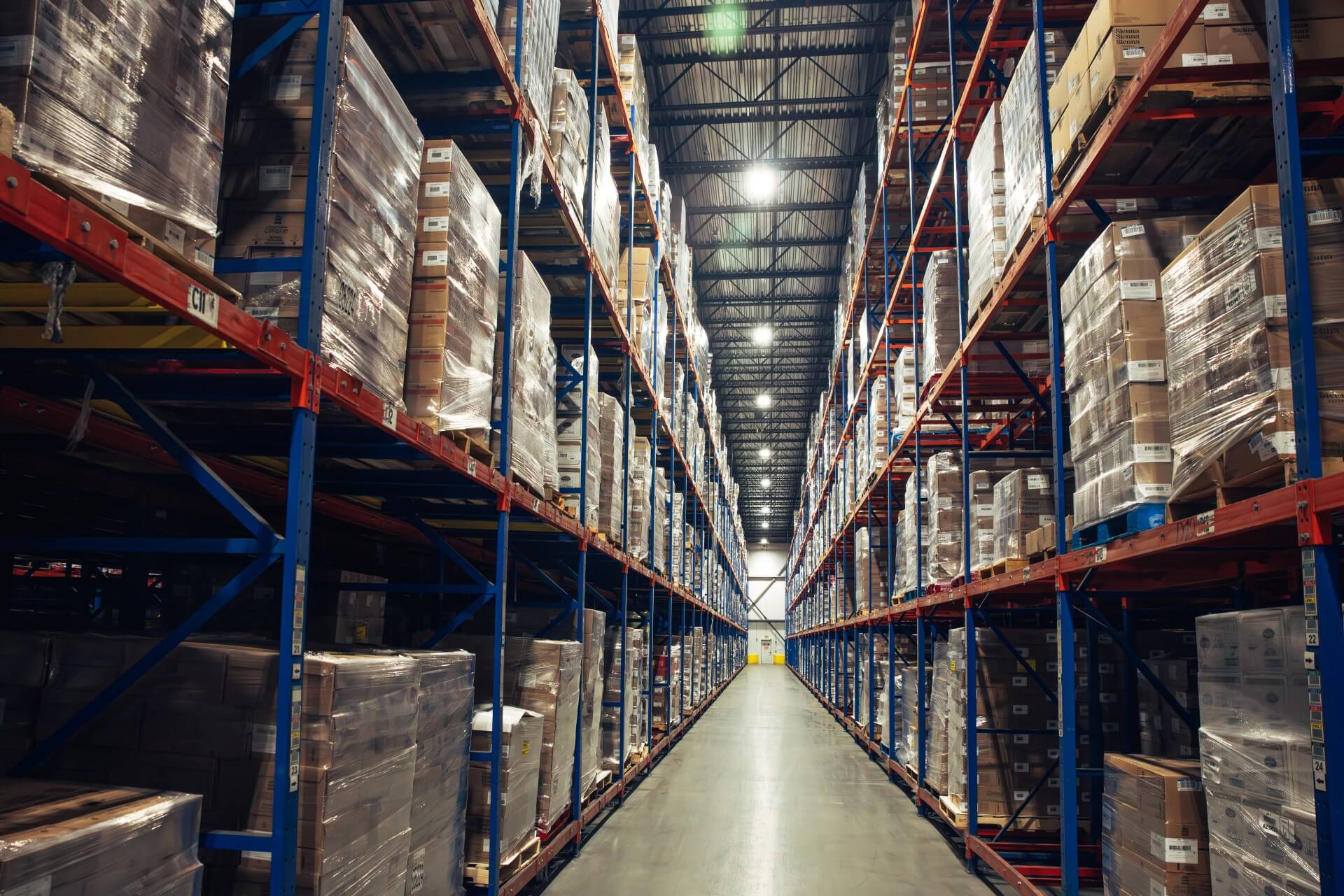 Túnel de congelación rápida en el interior de un almacén frigorífico con productos alimenticios paletizados almacenados en estanterías de gran altura, que ilustra el proceso de congelación rápida a temperatura controlada y la preservación de la cadena de frío.