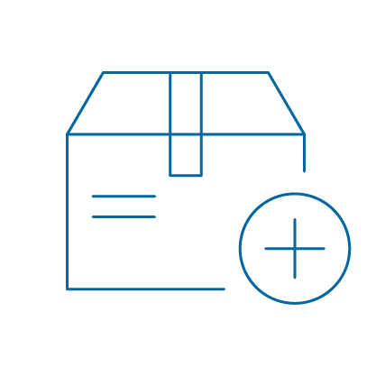 Icono de una caja de envío con el símbolo «+», que representa la preparación de inventario, la reposición de productos o el aumento de la capacidad de la cadena de suministro.