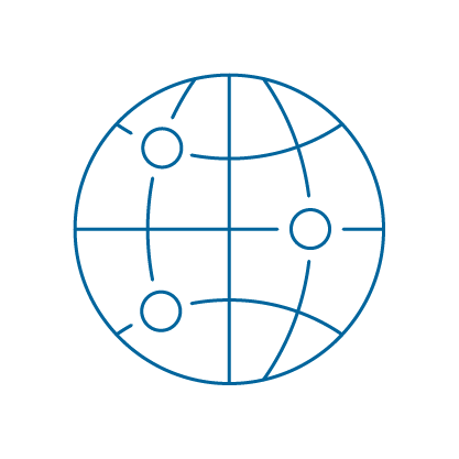 Icono de un globo terráqueo conectado, que representa el acceso ferroviario a la red de almacenes Lineage y la conectividad general de la cadena de frío.