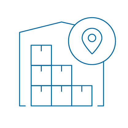 Icono de inventario de almacén con un marcador de ubicación, que representa la ubicación del inventario más cerca de los mercados de los clientes y los centros de distribución.