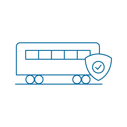 Icono de un vagón con un escudo y una marca de verificación, que representa la protección del producto y el control de la temperatura durante el transporte ferroviario.