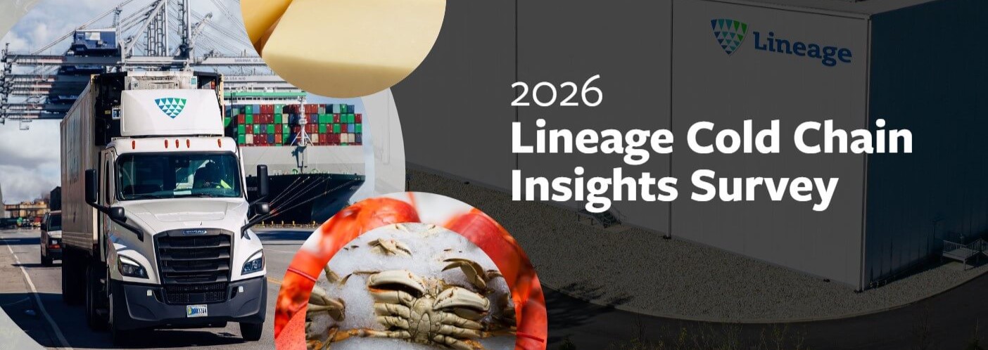 a collage featuring a refrigerated truck with Lineage logo and closeup photos of fresh crab on ice and wedges of various white cheese