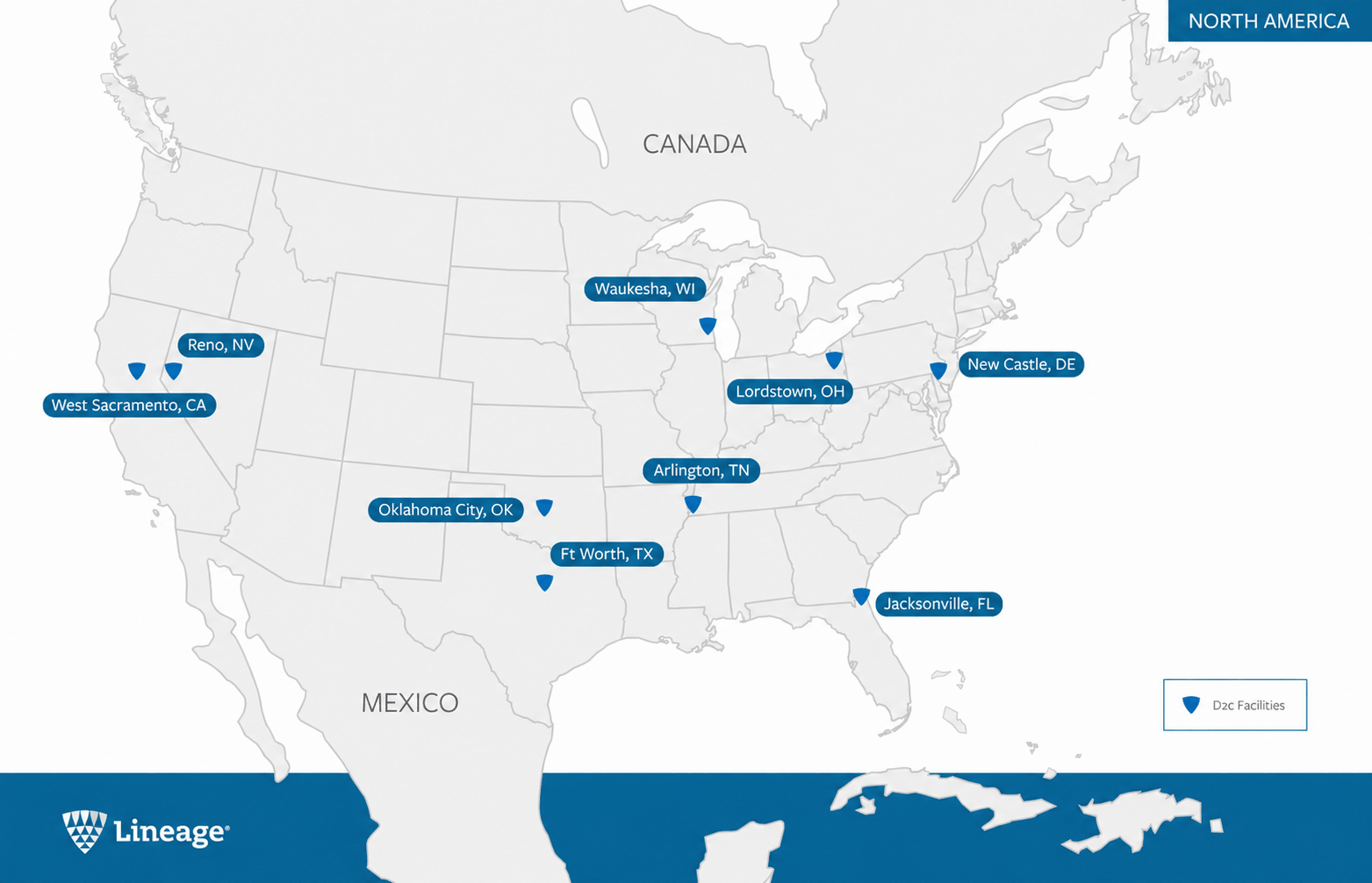 Map showing Lineage direct-to-consumer fulfillment facilities across North America.