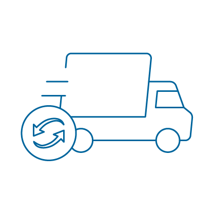 Illustration of a delivery truck with circular arrows, representing transportation flexibility and adaptable shipping solutions.