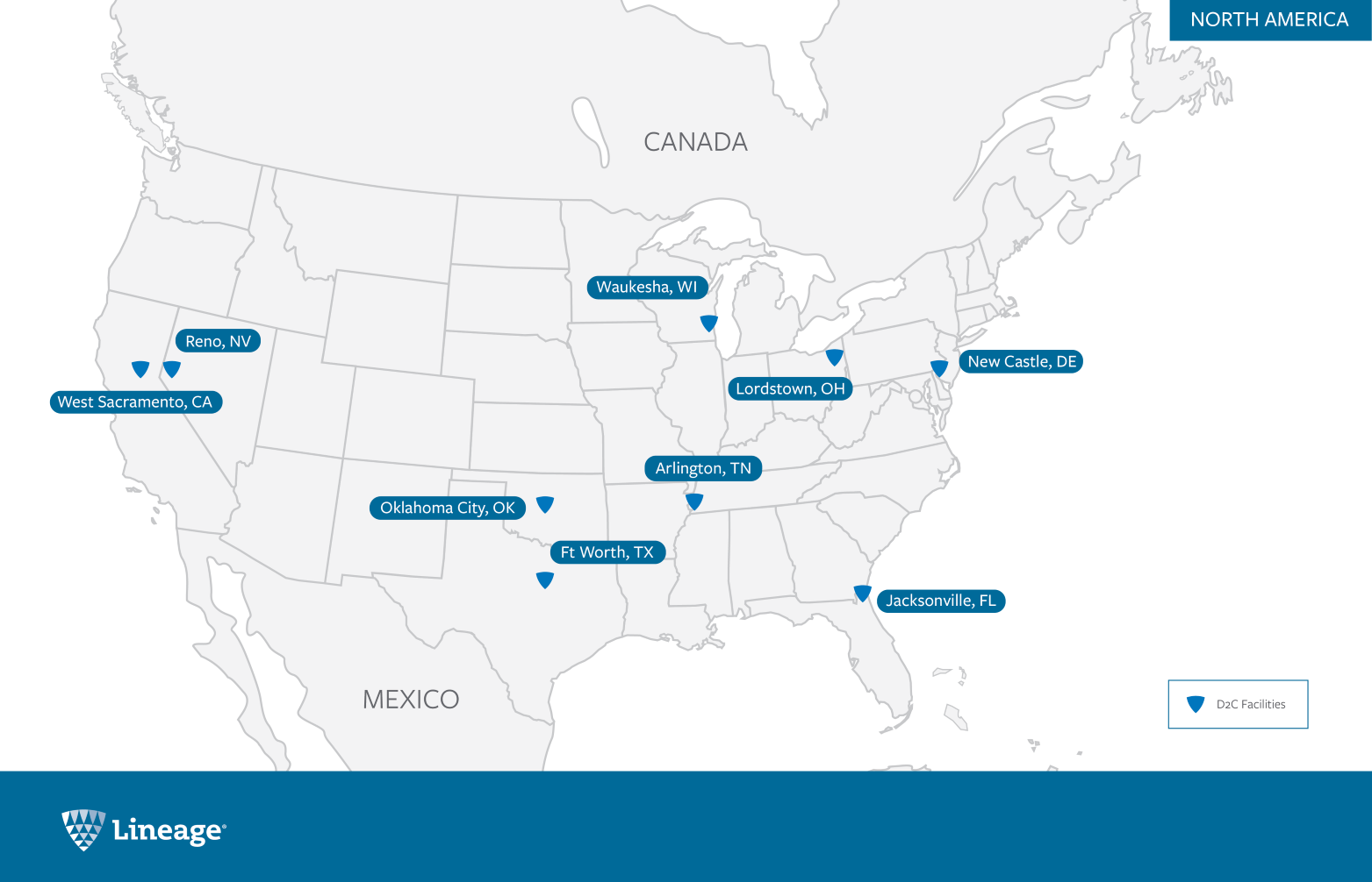 Map showing Lineage direct-to-consumer fulfillment facilities across North America.
