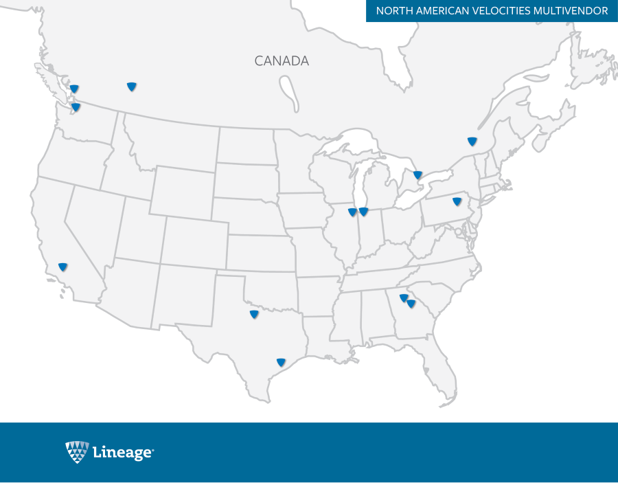 Map showcasing Lineage's Velocities Multivendor Consolidation network across the US.