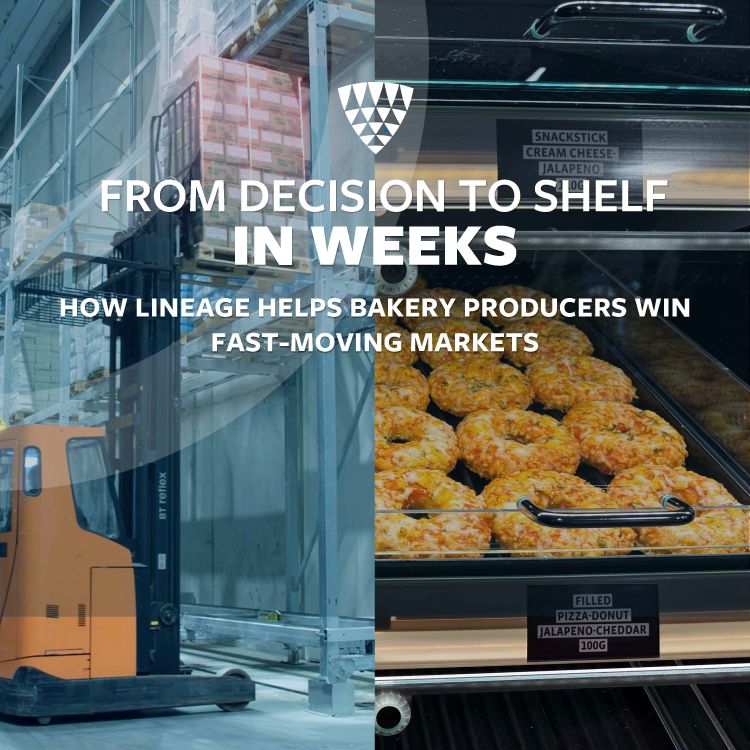 Cover image for a Lineage case study featuring trays of frozen baked goods on a production line beside a cold storage warehouse, illustrating how bakery producers accelerate products from decision to retail shelves through an integrated cold chain.