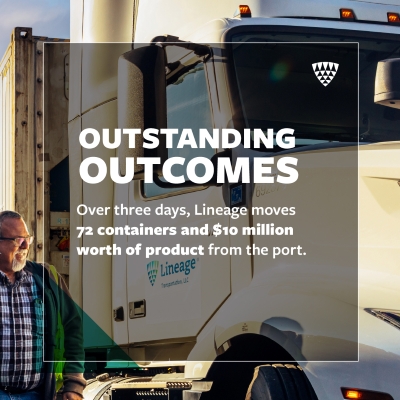 Graphic reading “Outstanding Outcomes” over an image of a Lineage truck and team member. Text highlights that Lineage moved 72 containers and $10 million worth of product from the port in just three days.