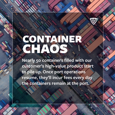 Graphic reading “Container Chaos” over an aerial view of stacked shipping containers at a busy port. Text highlights that nearly 50 containers of high-value product were delayed, risking fees with each passing day.