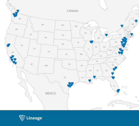 Lineage's bonded warehousing network spans the United States, with many facilities at major ports around the country.
