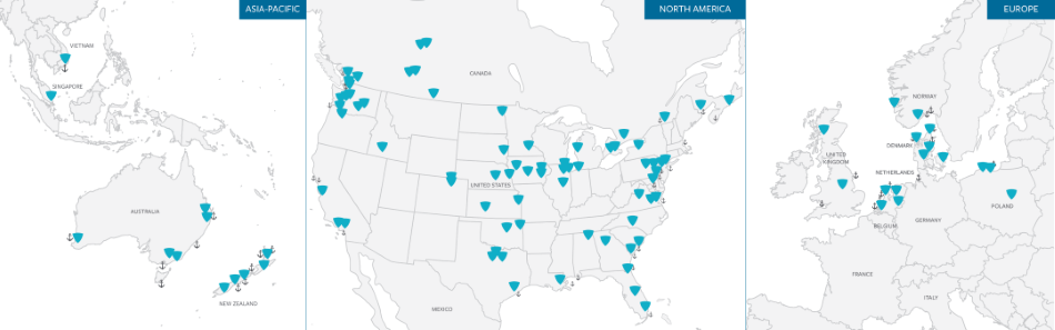 Map of Lineage's global network of blast freezing warehouses.