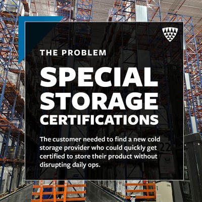 Cold storage warehouse interior with high-bay racking, illustrating the need for specialized storage certifications to safely handle specialty products without disrupting operations