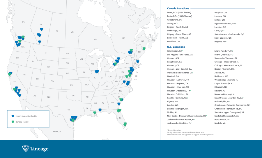 Lineage's map of Bonded Warehouses and USDA approved I-Houses.