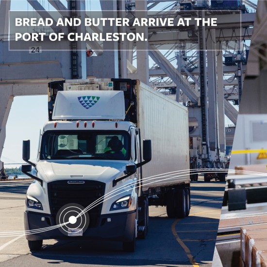 Refrigerated container truck moving through the Port of Charleston with cranes and shipping infrastructure in the background