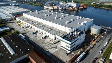 An aerial view of Lineage's temperature controlled warehouse in Bremerhaven shows the warehouse position next to the waterfront