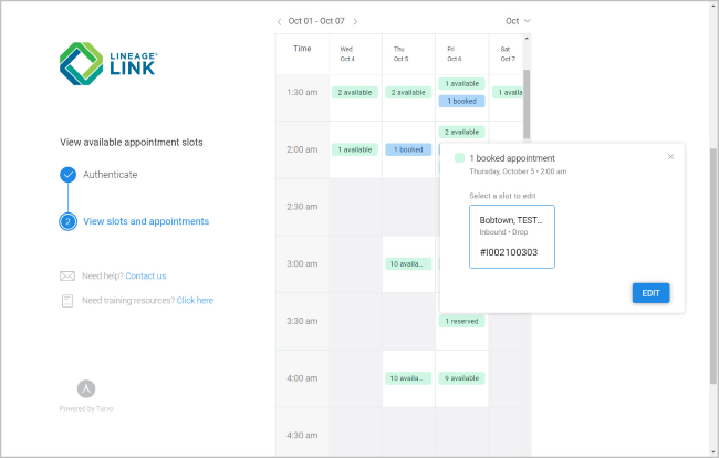 Lineage Link® Public Scheduling interface showing available appointment slots and booking options for warehouse scheduling