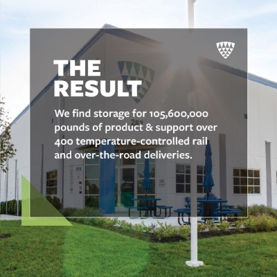 Exterior of a Lineage facility with overlaid text reading “The Result” and stating that Lineage stored 105,600,000 pounds of product and supported over 400 temperature-controlled rail and over-the-road deliveries