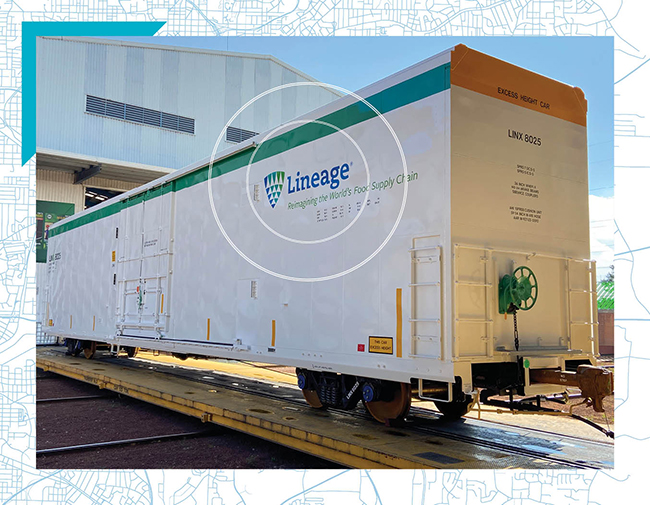 Lineage temperature-controlled railcar positioned on tracks at a Midwest facility, highlighting rail-connected cold chain transportation supporting the Greater Chicago market.