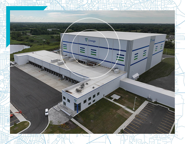 Aerial view of a Lineage cold storage warehouse in the Greater Indianapolis market, showing loading docks, warehouse structure and surrounding access roads supporting Midwest distribution.