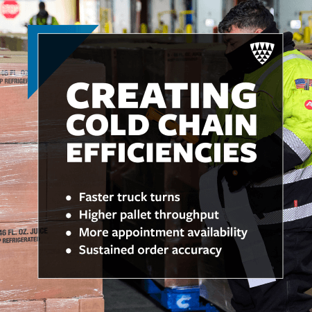 Lineage team member scanning palletized product in a cold storage warehouse, overlaid with text highlighting cold chain efficiency improvements.