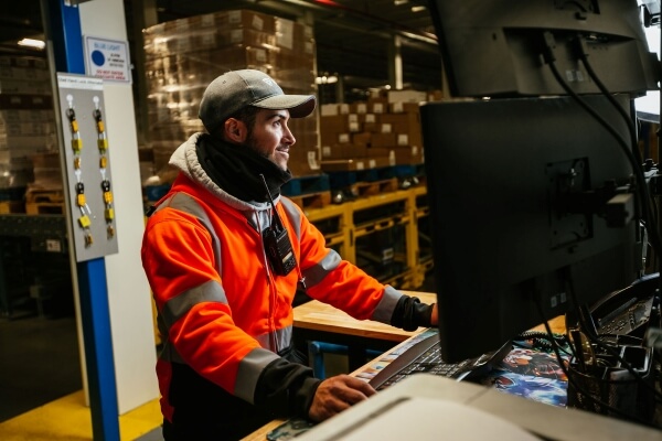 Automated cold storage warehouse team member in a reflective orange vest and cap operates a computer terminal, managing logistics operations with Lineage Eye.