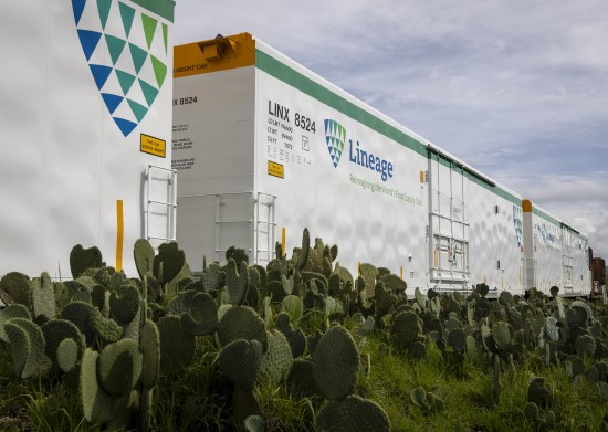 Lineage temperature-controlled railcars positioned on a rail line, demonstrating refrigerated rail transportation for frozen and refrigerated food products.
