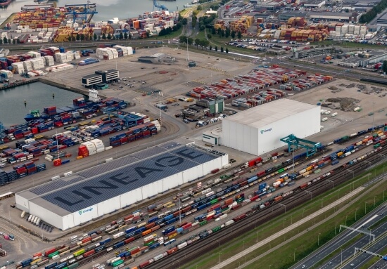 Exterior of Lineage's port centric warehouse in the Netherlands.