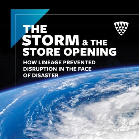 Social graphic titled “The Storm & the Store Opening” with text reading “How Lineage prevented disruption in the face of disaster,” set over an aerial view of a powerful storm system over the Earth’s surface.