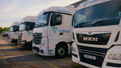 Lineage-branded refrigerated trucks parked in the UK, ready for cold chain distribution.