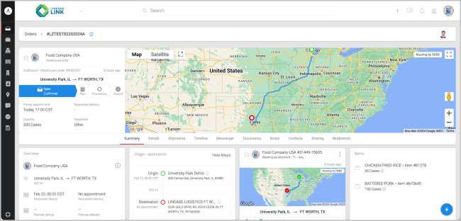 Lineage Link® order tracking screen showing shipment route, map view and real-time delivery details across the United States