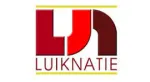 Logo Luik Natie avec initiales abstraites rouges et brunes audacieuses et bordure jaune