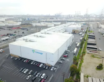 Lineage cold storage warehouse at Long Beach with company logo signage
