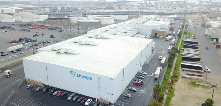 Lineage cold storage warehouse at Long Beach with company logo signage